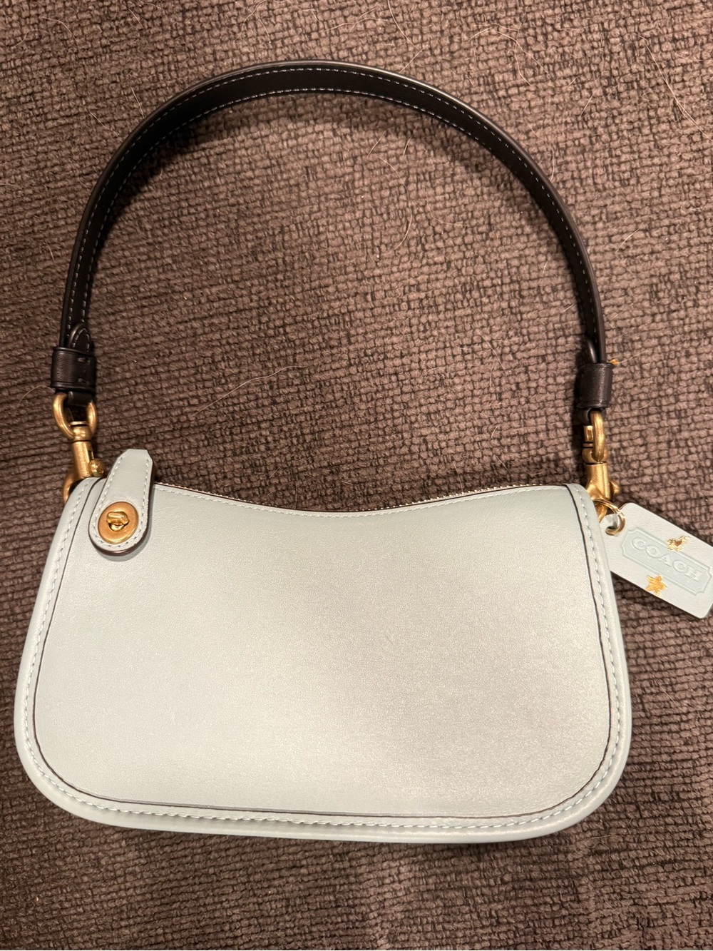 BNWOT Coach Leather Shoulder Bag in Light Blue with Dark Brown Strap
